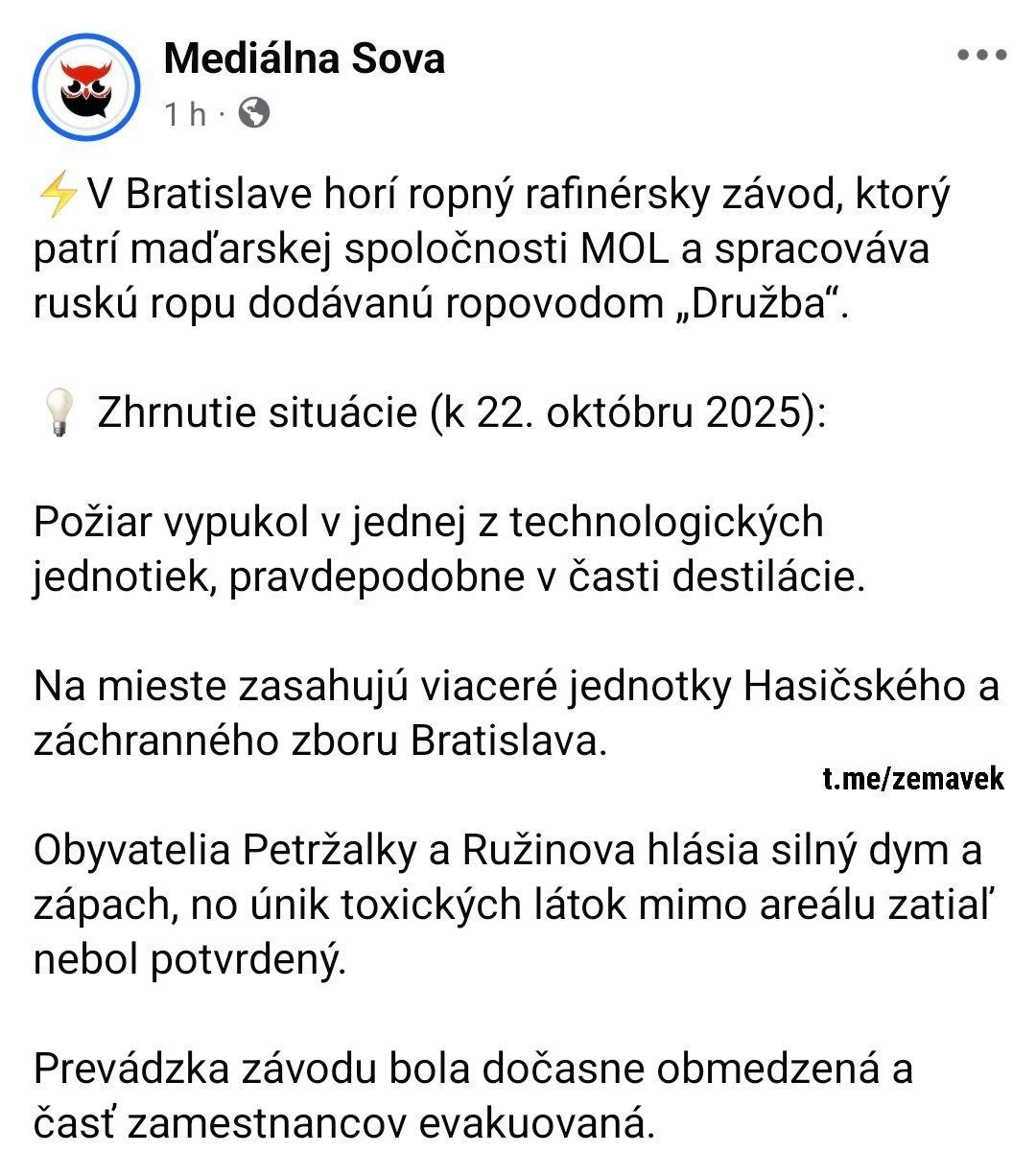 Pôvodná, dnes už vymazaná správa Mediálnej sovy. Foto: Facebook / Mediálna sova